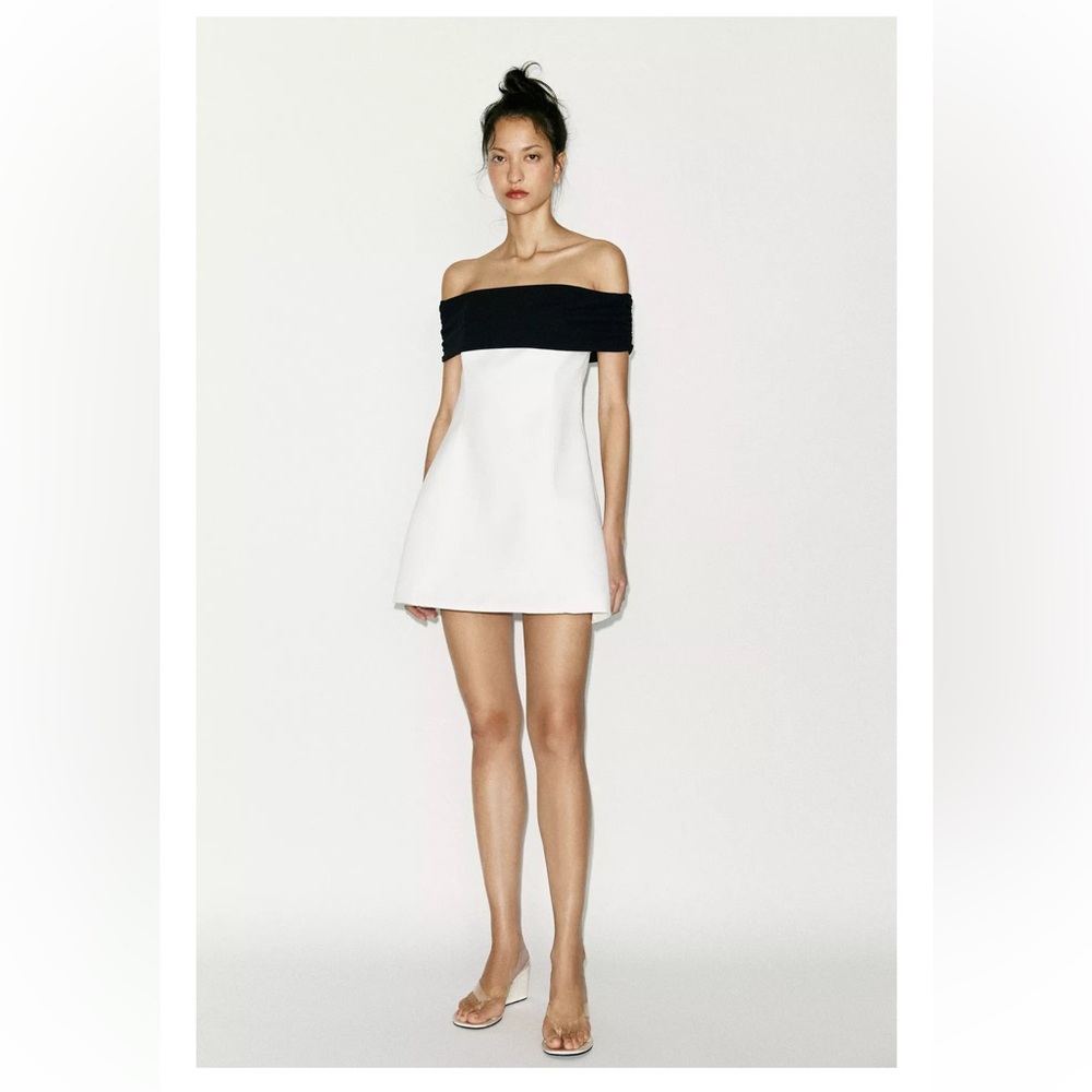 Zara Elegant Off-Shoulder Black and White Dress